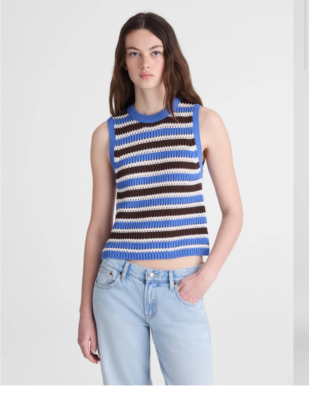 Madewell open stitch sleeveless sweater in retro blue and brown stripe